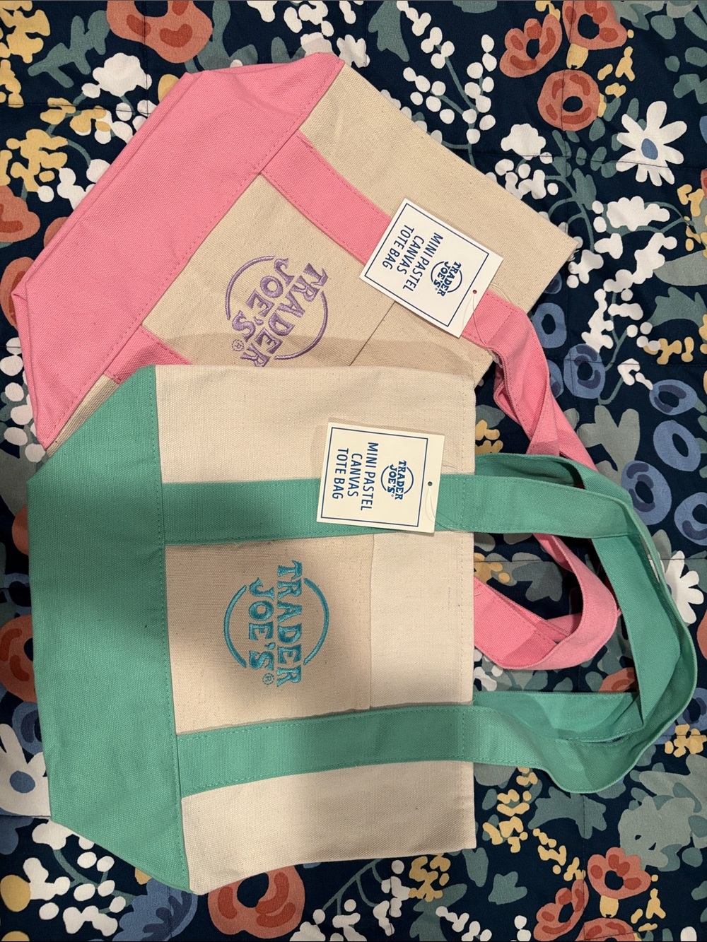 2 Trader Joe’s spring canvas mini tote bags. NWT